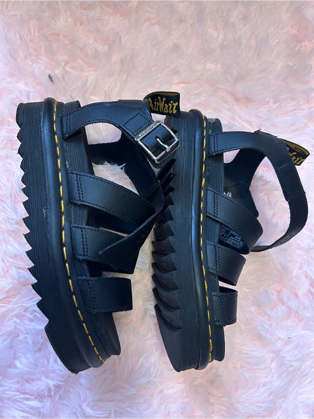 Dr. Martens Black Leather Platform Fisherman Sandals with Yellow Stitching